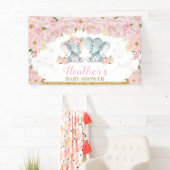 Blush Floral Twins Olifant Baby shower Achtergrond Spandoek (Insitu)
