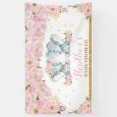 Blush Floral Twins Olifant Baby shower Achtergrond Spandoek (Verticaal)
