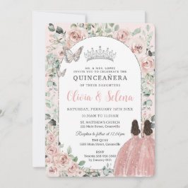 Blush Floral Twins Prinsessen Zilver Quinceañera Kaart