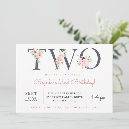 Blush Floral TWO | 2e verjaardagsfeestje Kaart (Staand voorkant)