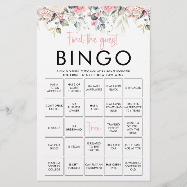 Blush Floral | Vind de gast bingo spelkaart (Voorkant)