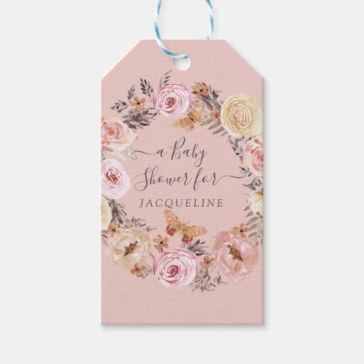 Blush Floral vlinder krans meisje Baby shower Cadeaulabel (Voorkant)