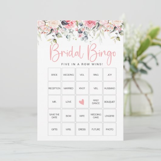 Blush Floral Vrijgezellenfeest Bingo Game Kaart (Staand voorkant)