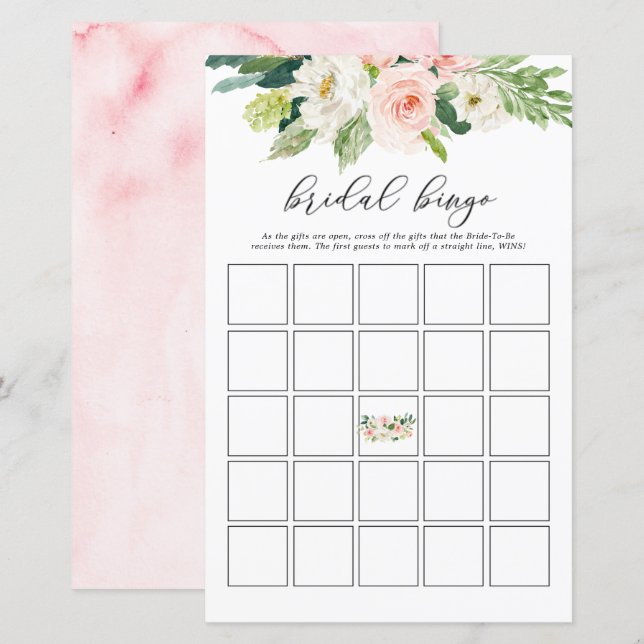 Blush Floral Vrijgezellenfeest Bingo Game Kaarten (Voorkant / Achterkant)