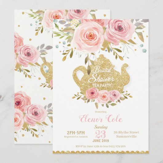 Blush Floral Vrijgezellenfeest Tea Party Invitatio Kaart (Voorkant / Achterkant)