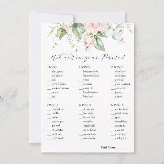 Blush Floral Wat zit er in je tas bruids spel Kaar Kaart (Voorkant)