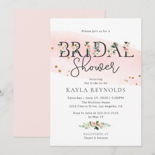 Blush Floral Waterverf bruids doucheuitnodiging Kaart (Voorkant / Achterkant)