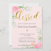 Blush Floral Waterverf en Gold Blessed Baptisme Kaart (Voorkant)