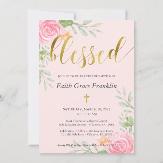 Blush Floral Waterverf en Gold Blessed Baptisme Kaart (Voorkant)