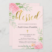Blush Floral Waterverf en Gold Blessed Baptisme Kaart (Voorkant / Achterkant)