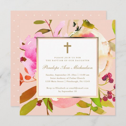 Blush Floral Waterverf met Cross Baptisme Kaart (Voorkant / Achterkant)