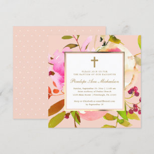 Blush Floral Waterverf met Cross Baptisme Kaart