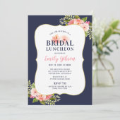 Blush Floral Waterverf Navy Bridal Luncheon Kaart (Staand voorkant)