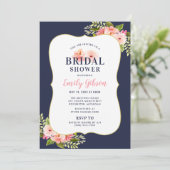 Blush Floral Waterverf Navy Wedding Vrijgezellenfe Kaart (Staand voorkant)