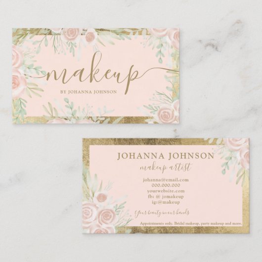 Blush floral waterverf roze gouden lijst make-up visitekaartje (Voorkant / Achterkant)
