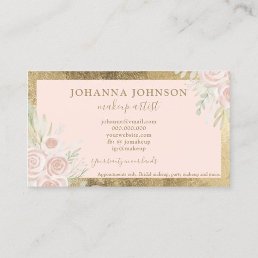 Blush floral waterverf roze gouden lijst make-up visitekaartje (Achterkant)