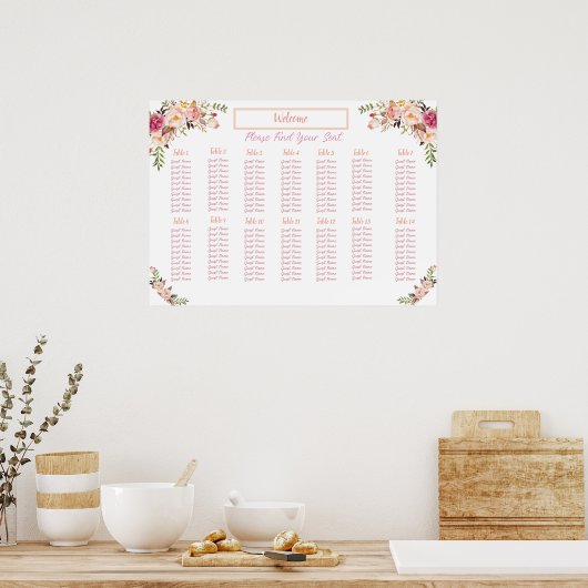 Blush Floral Waterverf Seating Chart Poster (Keuken)