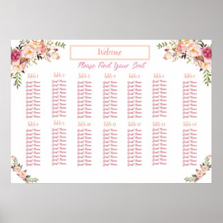 Blush Floral Waterverf Seating Chart Poster