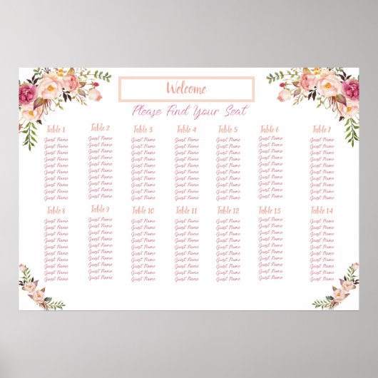 Blush Floral Waterverf Seating Chart Poster (Voorkant)