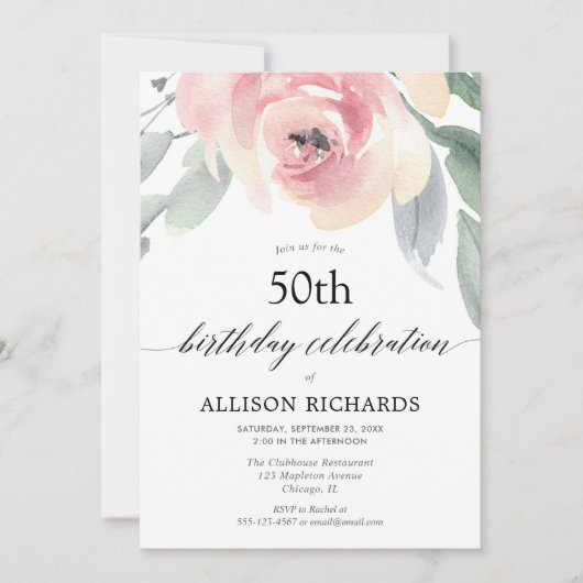 Blush floral waterverf vrouwen volwassen verjaarda kaart (Voorkant)