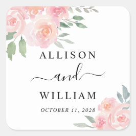 Blush Floral Waterverf Wedding Vierkante Sticker