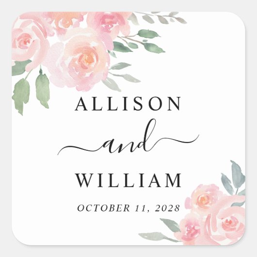 Blush Floral Waterverf Wedding Vierkante Sticker (Voorkant)