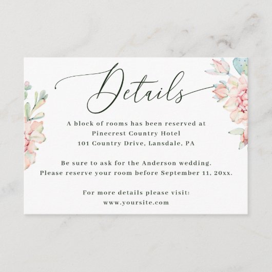 Blush Floral Wedding Details | Elegant Hotel Block Informatiekaartje (Voorkant)
