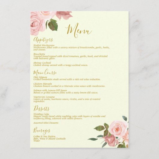 Blush Floral Wedding Dinner Menu (Voorkant)