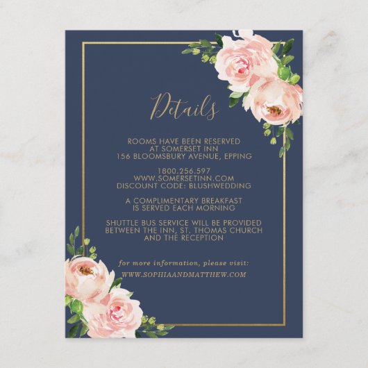 Blush Floral Wedding Gast Details Informatie Informatiekaartje (Voorkant)