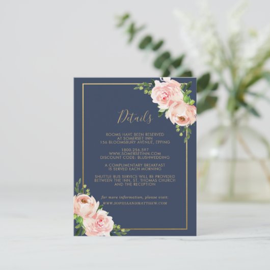 Blush Floral Wedding Gast Details Informatie Informatiekaartje (Staand voorkant)