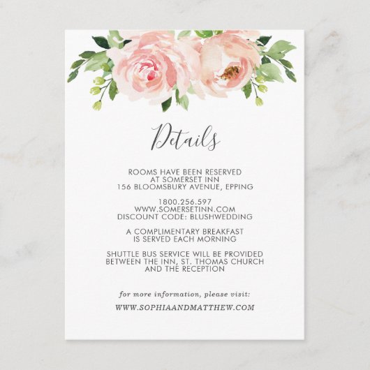 Blush Floral Wedding Gast Details Informatie Informatiekaartje (Voorkant)