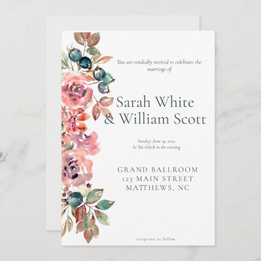 Blush Floral Wedding Invitation Kaart (Voorkant / Achterkant)