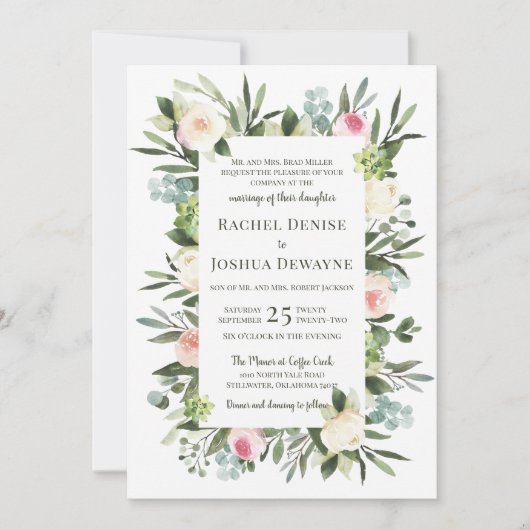 Blush Floral Wedding Invitation Kaart (Voorkant)