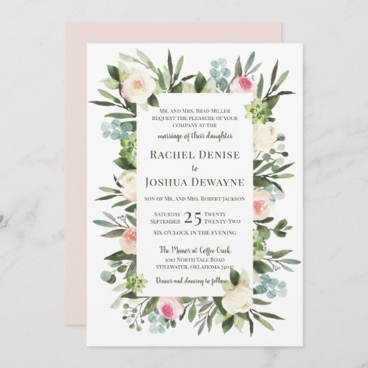 Blush Floral Wedding Invitation Kaart (Voorkant / Achterkant)