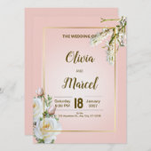 Blush Floral Wedding Invitation with Gold Frame (Voorkant / Achterkant)