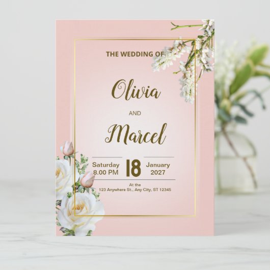 Blush Floral Wedding Invitation with Gold Frame (Staand voorkant)