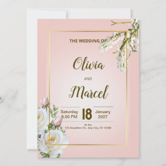 Blush Floral Wedding Invitation with Gold Frame