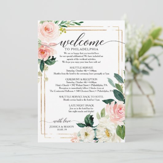 Blush Floral Wedding Itinerary - Weddenschap Programmakaart (Staand voorkant)