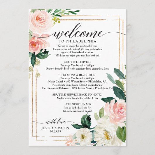 Blush Floral Wedding Itinerary - Weddenschap Programmakaart (Voorkant)