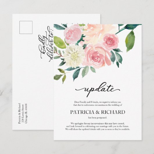 Blush Floral Wedding Postponement Update Briefkaart (Voorkant / Achterkant)
