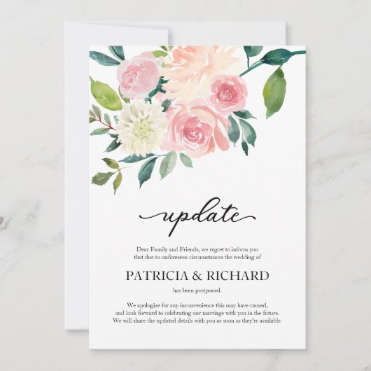 Blush Floral Wedding Postponement Update Kaart (Voorkant)