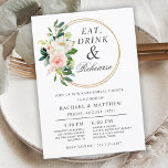 Blush Floral Wedding Rehearsal Dinner Kaart<br><div class="desc">Dit ontwerp is een unieke uitnodiging voor een repetitief diner om de toon te zetten voor je trouwfeest en nodigt je gasten uit om te eten, te Drinken en te repeteren. Een rond lijst met dubbele ring draagt de titel van de uitnodiging en is voorzien van een waterverf florale bouquet...</div>