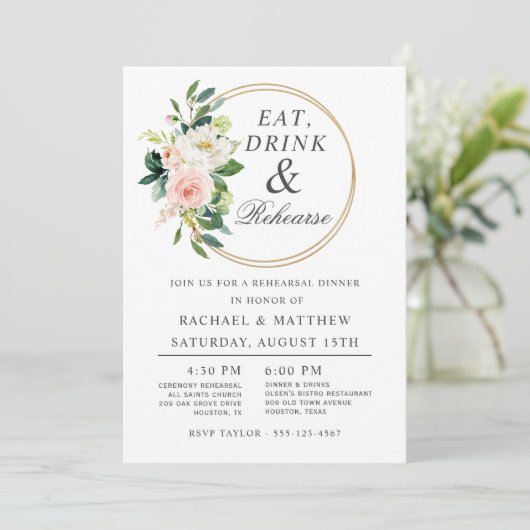 Blush Floral Wedding Rehearsal Dinner Kaart (Staand voorkant)