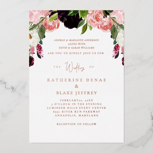 Blush Floral Wedding Roos Gold Foil Uitnodiging (Voorkant)