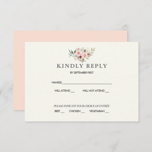 Blush Floral Wedding RSVP Card - Cream Kaart (Voorkant / Achterkant)