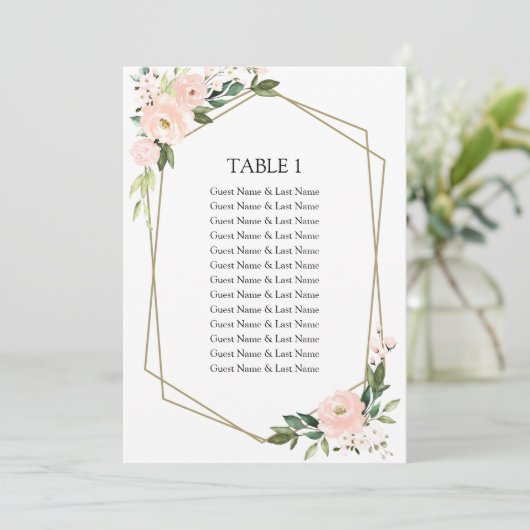 Blush Floral Wedding Seating Chart Guests Card Kaart (Staand voorkant)
