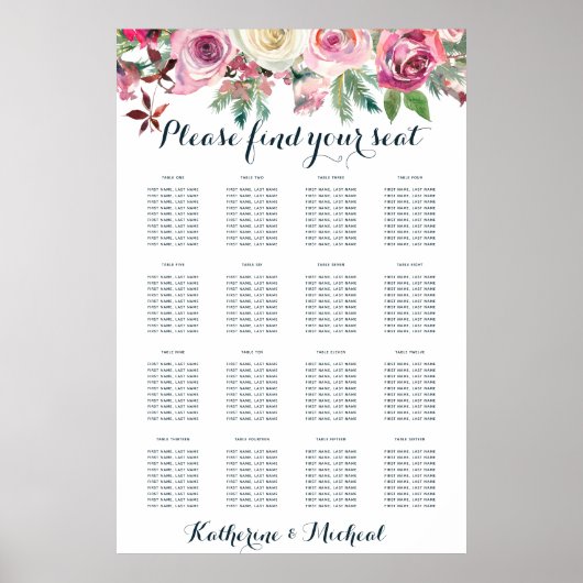 Blush Floral Wedding Seating Chart Poster (Voorkant)