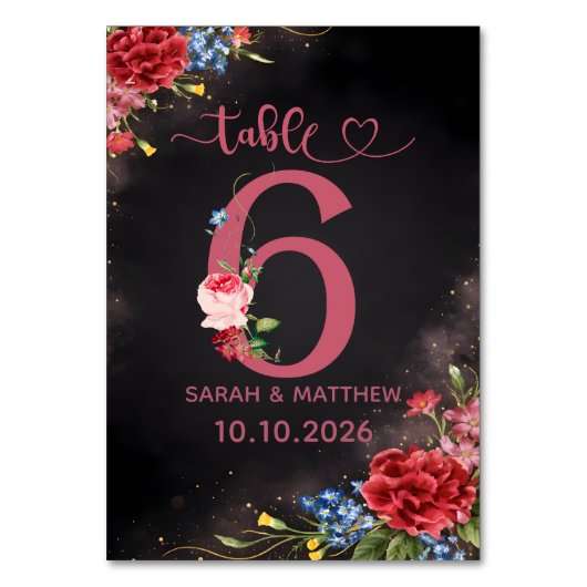 Blush Floral Wedding Table Number  6 Card Kaart (Voorkant)