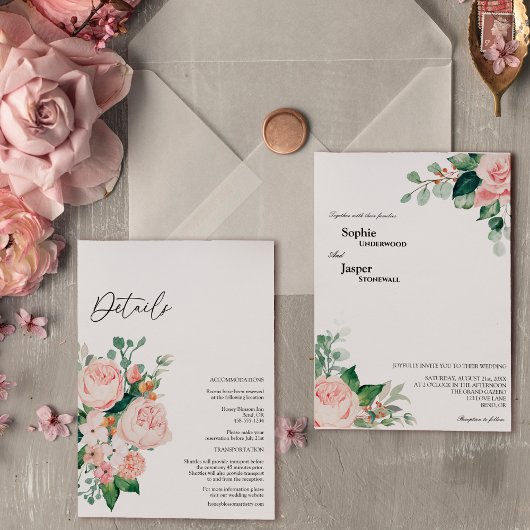 Blush Floral White — alles in één bruiloft Kaart