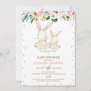 Blush Floral White Bunnies Girls Baby shower Kaart